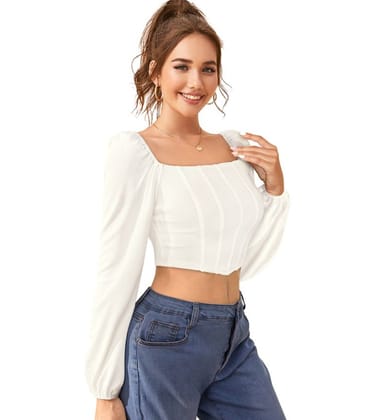 Women's Polyester Solid Long Sleeves Square Neck Top (White) PID56706
