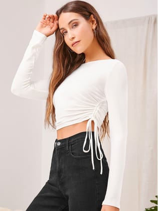Women's Polyester Solid Round Neck Full Sleeve Top (White) PID56861