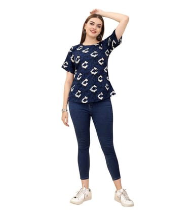 Women's Casual Rayon Short Sleeve Printed Round Neck Top (Blue) PID57104
