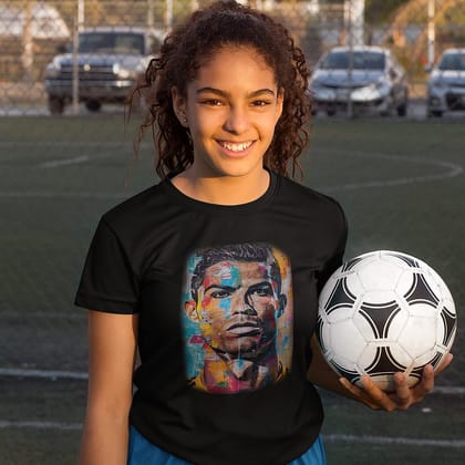 EqualLife Pure Cotton Bio-Washed Chest Printed T-Shirt - Football Series - CR7 The Artistic Legend - by ZingerTees-Women-EL9120590-F