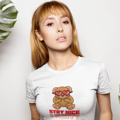 EqualLife Pure Cotton Bio-Washed T-Shirt Chest Printed-Teddy Bear Series 1 - Stay Nice and Fluffy Design-by ZingerTees-Fo-Women-EL9120102-F