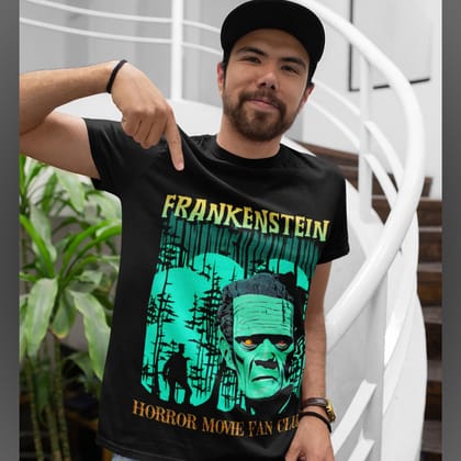 EqualLife Pure Cotton Bio-Washed T-Shirt Chest Printed-Horror Movie Club Series -2-The Frankenstein Design-by ZingerTees-Men-EL9120166-M
