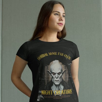 EqualLife Pure Cotton Bio-Washed T-Shirt Chest Printed-Horror Movie Club Series -4-Vampire Night Creature Design-by ZingerTees-Women-EL9120168-F