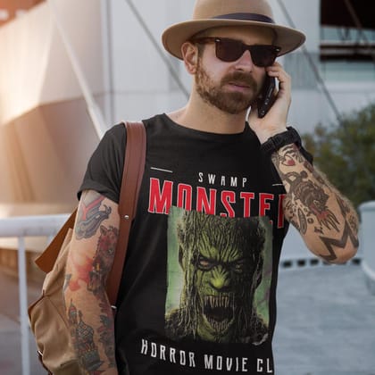 EqualLife Pure Cotton Bio-Washed T-Shirt Chest Printed-Horror Movie Club Series -6-The Swamp Monster Design-by ZingerTees-Men-EL9120170-M