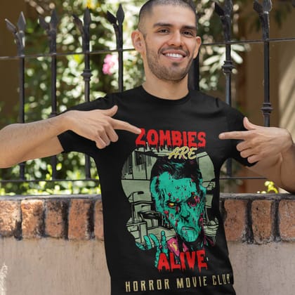 EqualLife Pure Cotton Bio-Washed T-Shirt Chest Printed-Horror Movie Club Series -8-Zombies are Alive Design-by ZingerTees-Men-EL9120172-M