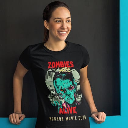 EqualLife Pure Cotton Bio-Washed T-Shirt Chest Printed-Horror Movie Club Series -8-Zombies are Alive Design-by ZingerTees-Women-EL9120172-F