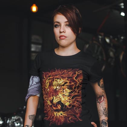 EqualLife Super Dry-fit Printed Jersey T-Shirt Chest Printed-Flame Art Series -1 - Flaming Lion Design for Bikers-by ZingerTees-Women-EL9120157-F