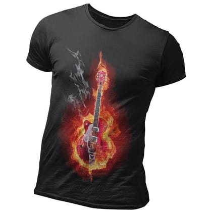 EqualLife Super Dry-fit Printed Jersey T-Shirt Chest Printed-Flame Art Series -4 - Flaming Electric Guitar for Bikers-by ZingerTees-Women-EL9120160-F