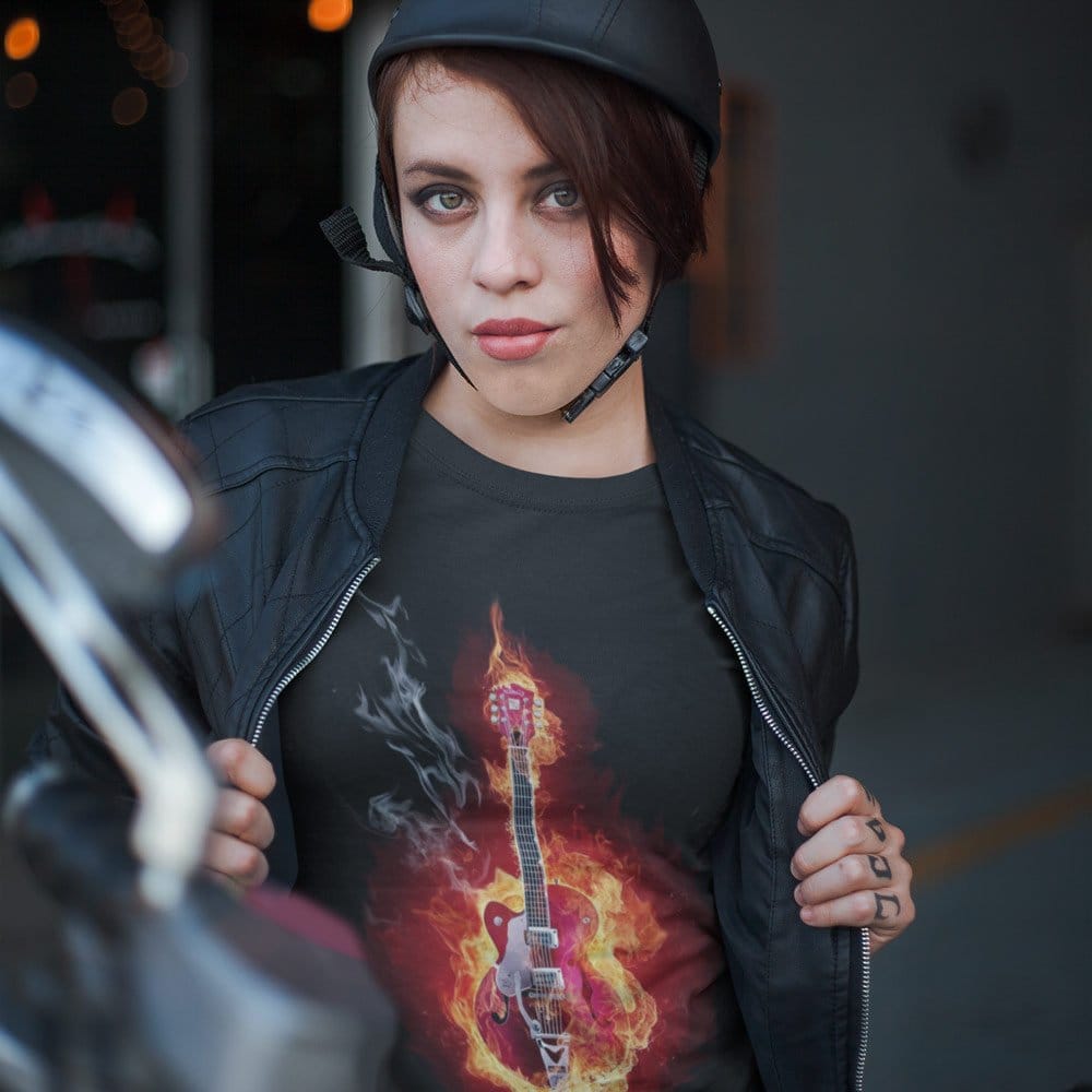 EqualLife Super Dry-fit Printed Jersey T-Shirt Chest Printed-Flame Art Series -4 - Flaming Electric Guitar for Bikers-by ZingerTees-Women-EL9120160-F