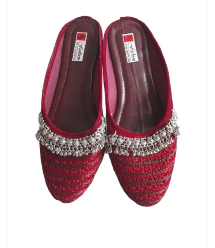 Red Slip-On Flats with Silver Bells for Women's