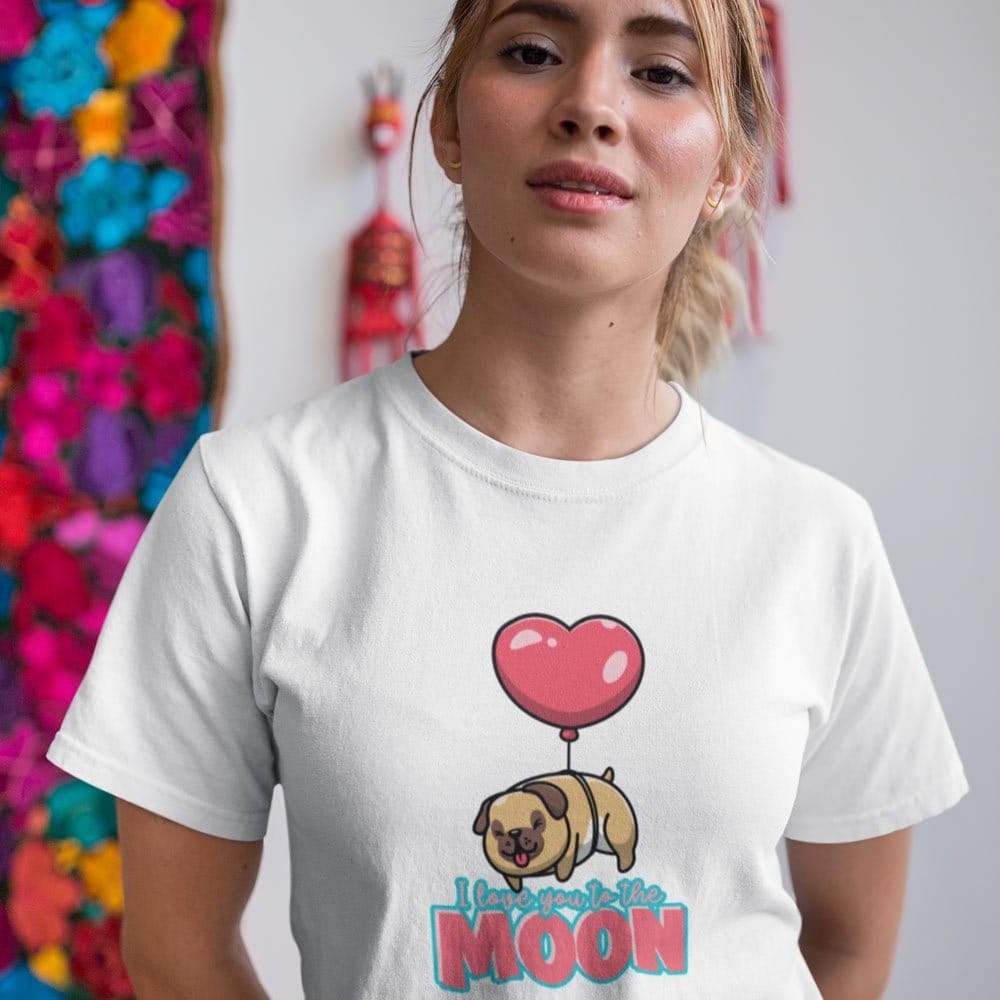 EqualLife Pure Cotton Bio-Washed T-Shirt Chest Printed-Valentine's Day - Cute Pug Love You To The Moon Design-by ZingerTees-Women-EL9120277-F