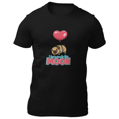 EqualLife Pure Cotton Bio-Washed T-Shirt Chest Printed-Valentine's Day - Cute Pug Love You To The Moon Design-by ZingerTees-Men-EL9120277-M
