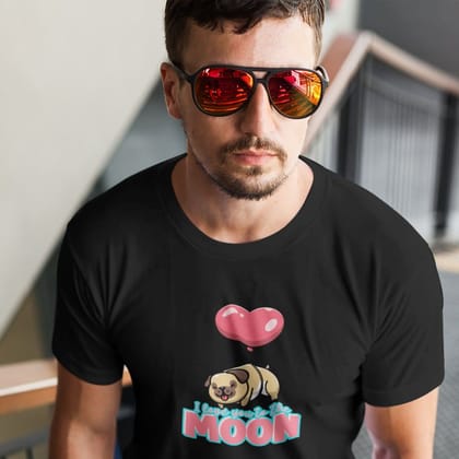 EqualLife Pure Cotton Bio-Washed T-Shirt Chest Printed-Valentine's Day - Cute Pug Love You To The Moon Design-by ZingerTees-Men-EL9120277-M