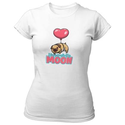 EqualLife Pure Cotton Bio-Washed T-Shirt Chest Printed-Valentine's Day - Cute Pug Love You To The Moon Design-by ZingerTees-Women-EL9120277-F