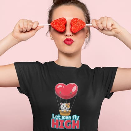 EqualLife Pure Cotton Bio-Washed T-Shirt Chest Printed-Valentine's Day - Cute Kitty Let Love Fly High Design-by ZingerTees-Women-EL9120276-F