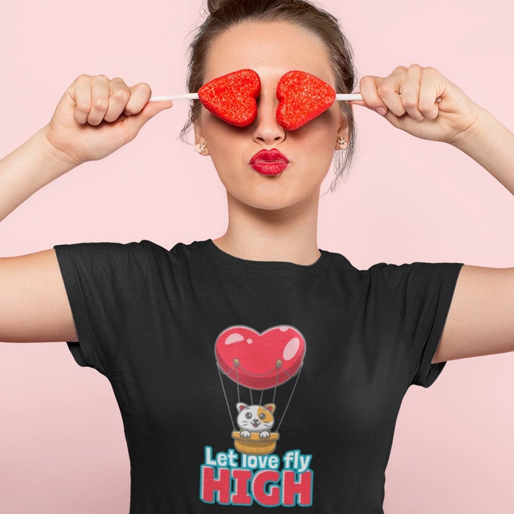 EqualLife Pure Cotton Bio-Washed T-Shirt Chest Printed-Valentine's Day - Cute Kitty Let Love Fly High Design-by ZingerTees-Women-EL9120276-F