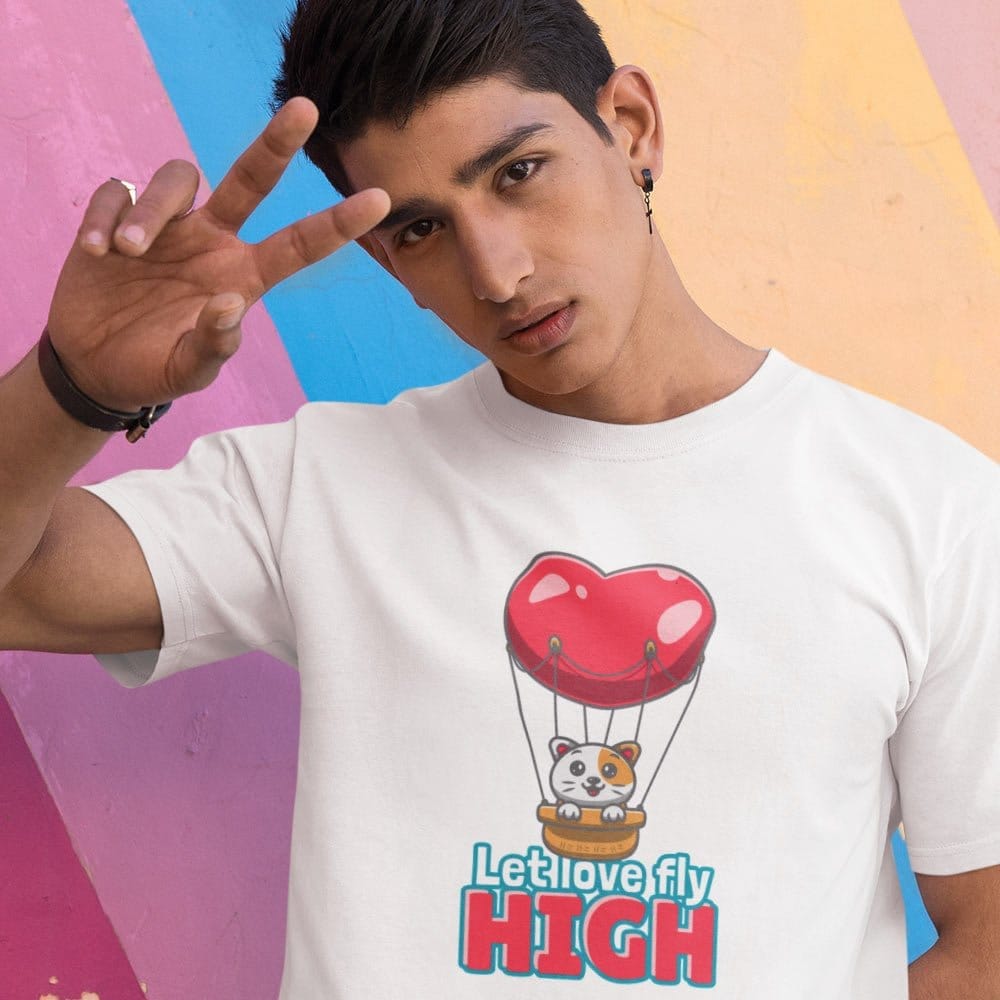 EqualLife Pure Cotton Bio-Washed T-Shirt Chest Printed-Valentine's Day - Cute Kitty Let Love Fly High Design-by ZingerTees-Men-EL9120276-M