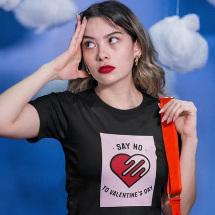 EqualLife Pure Cotton Bio-Washed T-Shirt Chest Printed-Anti-Valentine's Day - Say No To Valentine's Day Design-by ZingerTees-Women-EL9120270-F
