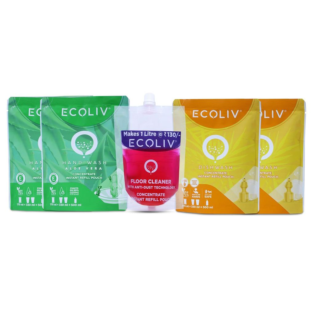 Ecoliv 1L Refill Pack of Liquid Handwash, Liquid Dishwash & Liquid Floor Cleaner|Concentrate Refill| Pack of 2x170 ml Liquid Handwash,2x170 ml Liquid Dishwash & 200 ml Liquid Floor Cleaner Concentrate