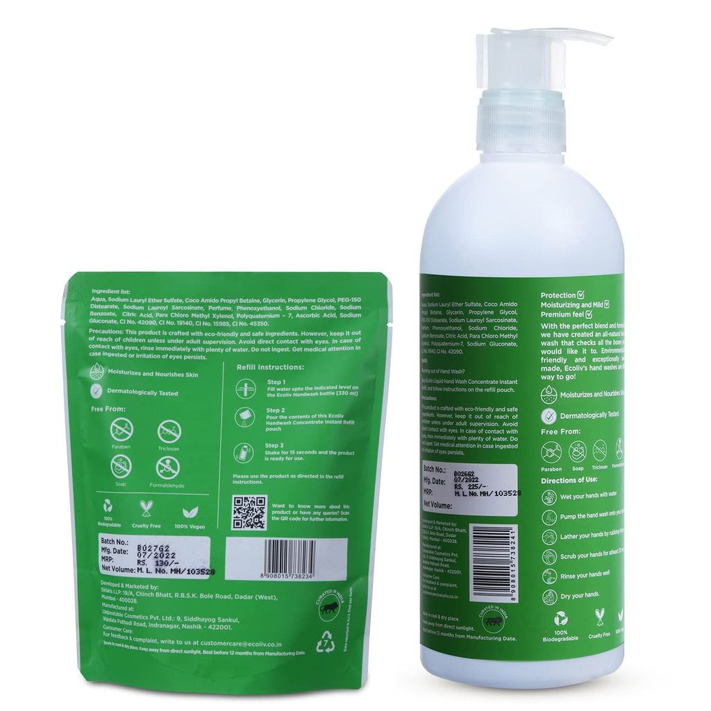 Ecoliv Water Lily Hand Wash 500 ml Combo Pack (Contains Dilution Bottle + Concentrate Instant Mix Refill Pack of 170 ml)(Add Water make 500 ml in 15 seconds)