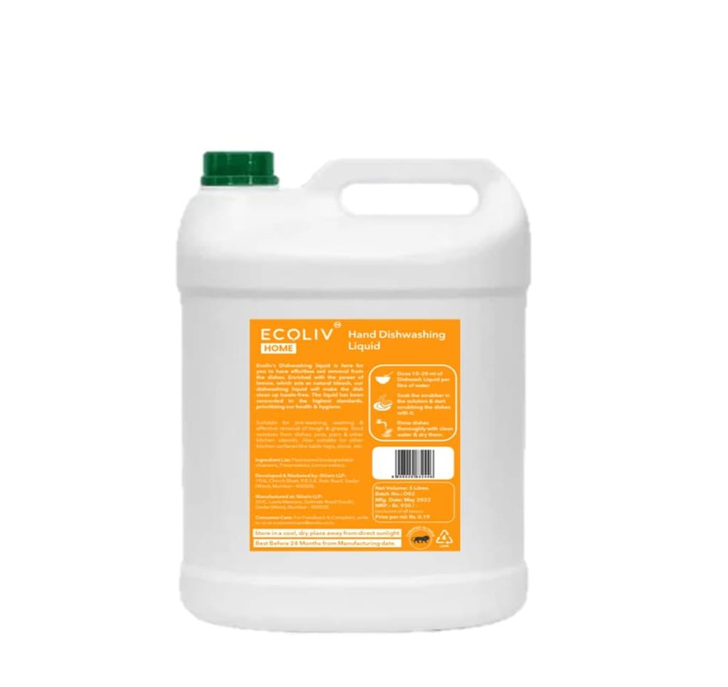 ECOLIV Home Liquid Dishwash Refill 5 Litre | Powered by Lemon | Removes Tough Stains and Grease | No skin irritation | Eco-Friendly Formula | Fresh Lemon Scent | Biodegradable Dishwashing Liquid