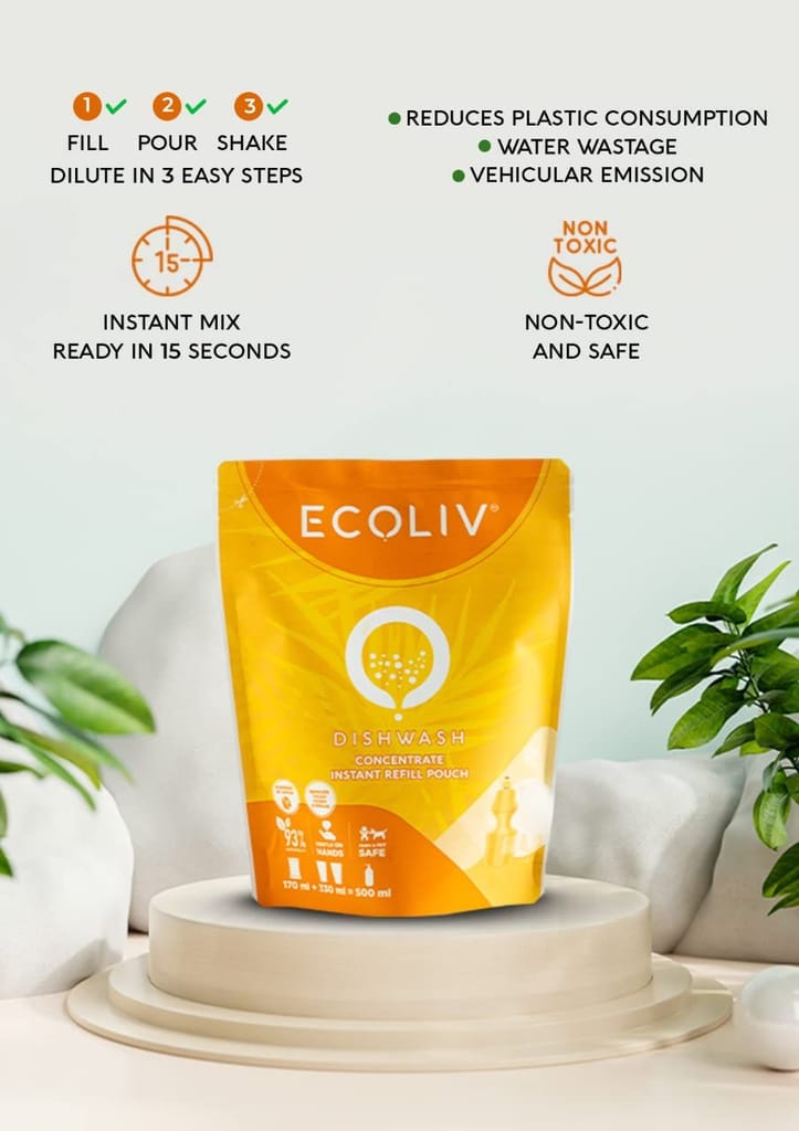 Ecoliv Dishwash Hand Wash Combo (Each makes 500 ml) (Aloe Vera Handwash with Dishwash, 170 ml Concentrate Refill Pack Add Water, Makes 500ml of Each)
