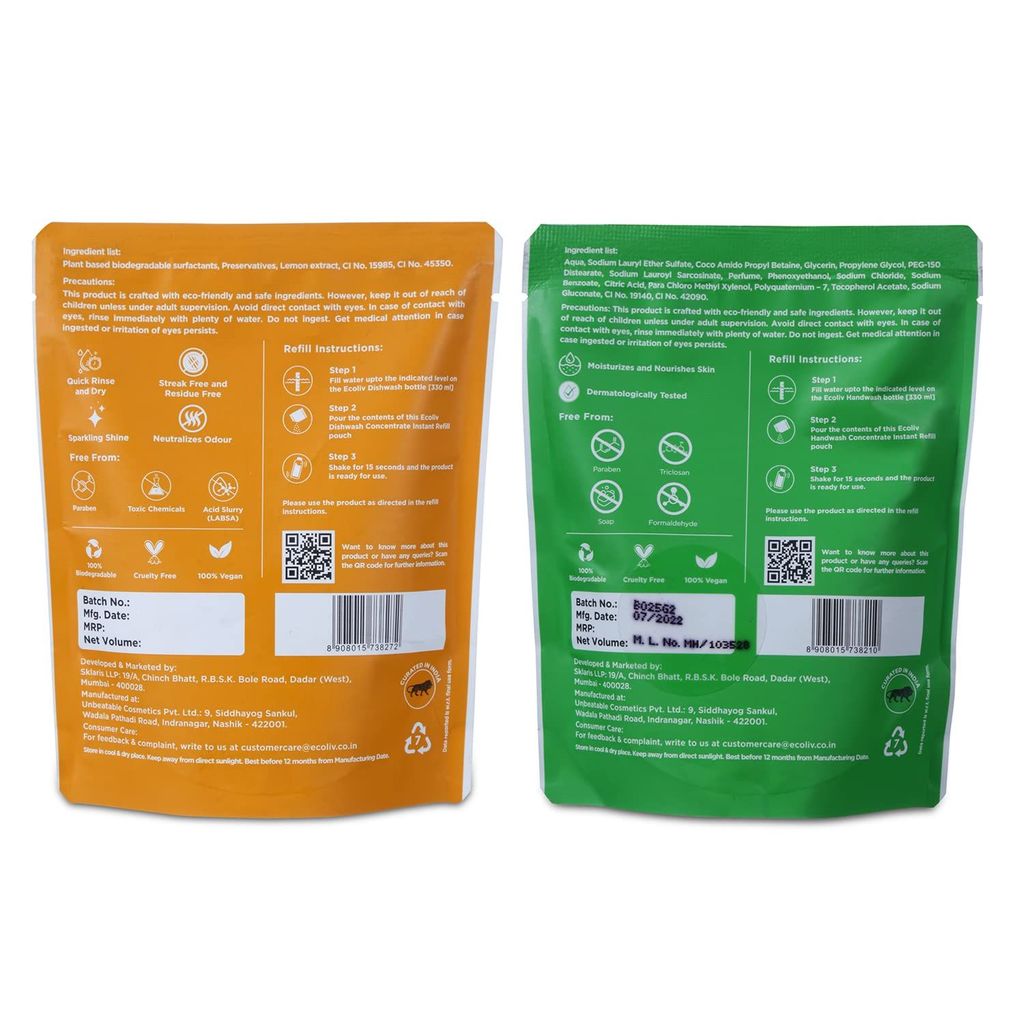 Ecoliv Dishwash Hand Wash Combo (Each makes 500 ml) (Aloe Vera Handwash with Dishwash, 170 ml Concentrate Refill Pack Add Water, Makes 500ml of Each)