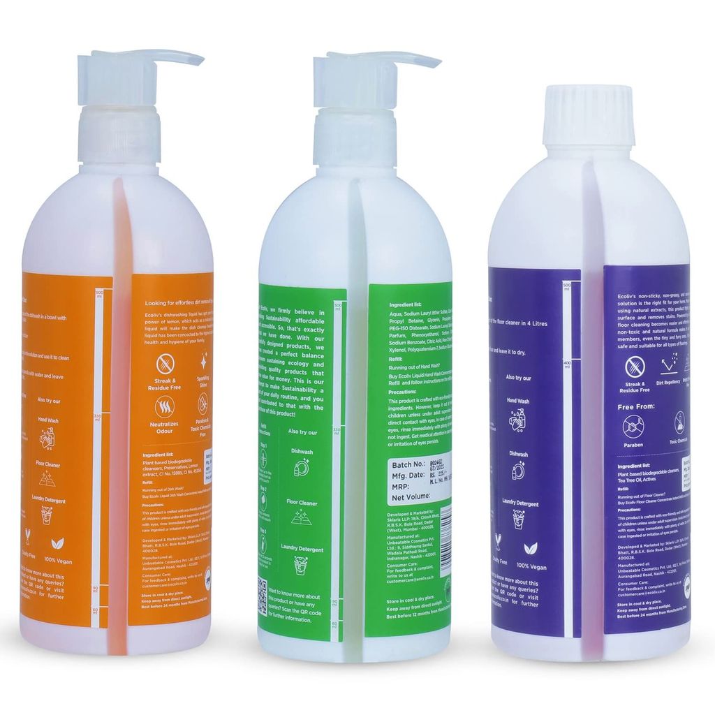 Ecoliv Liquid Dishwash, Floor Cleaner liquid & liquid Handwash (500 ml Bottle x 3)|Plant based| No skin irritation