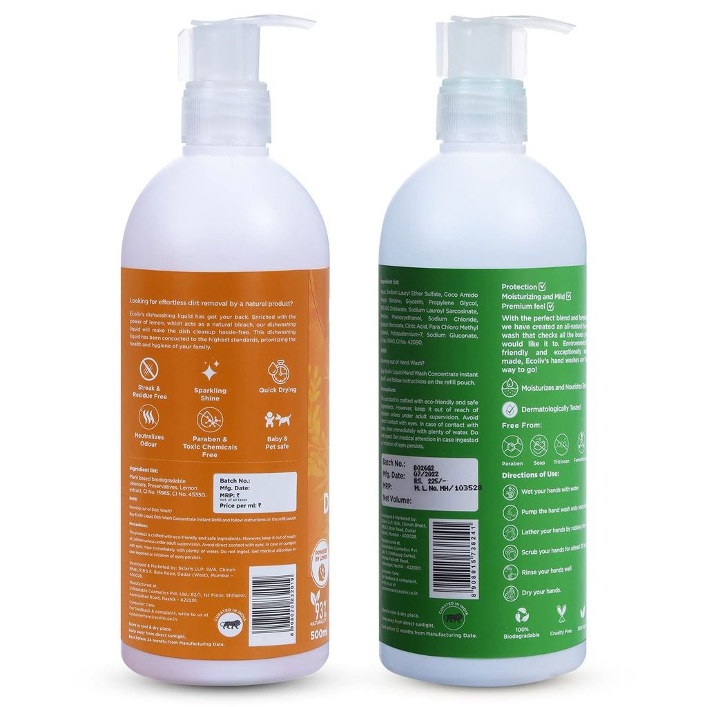Ecoliv Liquid Dishwash & Aloe Vera Handwash Combo 500 ml Bottle Each| pH balanced| Gentle on Hands