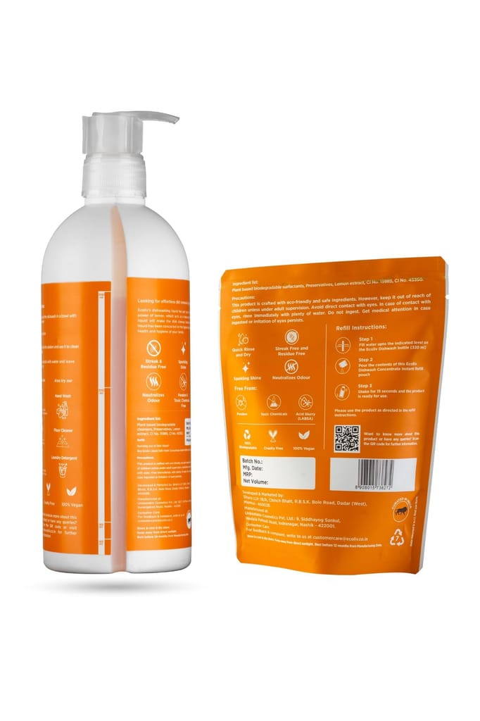 Ecoliv Liquid Dishwash 1 Ltr Combo|Ecofriendly & Plant based Dishwash liquid powered by Lemon|500 ml Bottle+170 ml Concentrate Refill Pouch| Removes tough stains & grease|93% Natural|0% Acid Slurry
