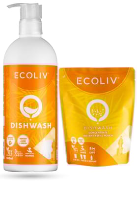 Ecoliv Liquid Dishwash 1 Ltr Combo|Ecofriendly & Plant based Dishwash liquid powered by Lemon|500 ml Bottle+170 ml Concentrate Refill Pouch| Removes tough stains & grease|93% Natural|0% Acid Slurry