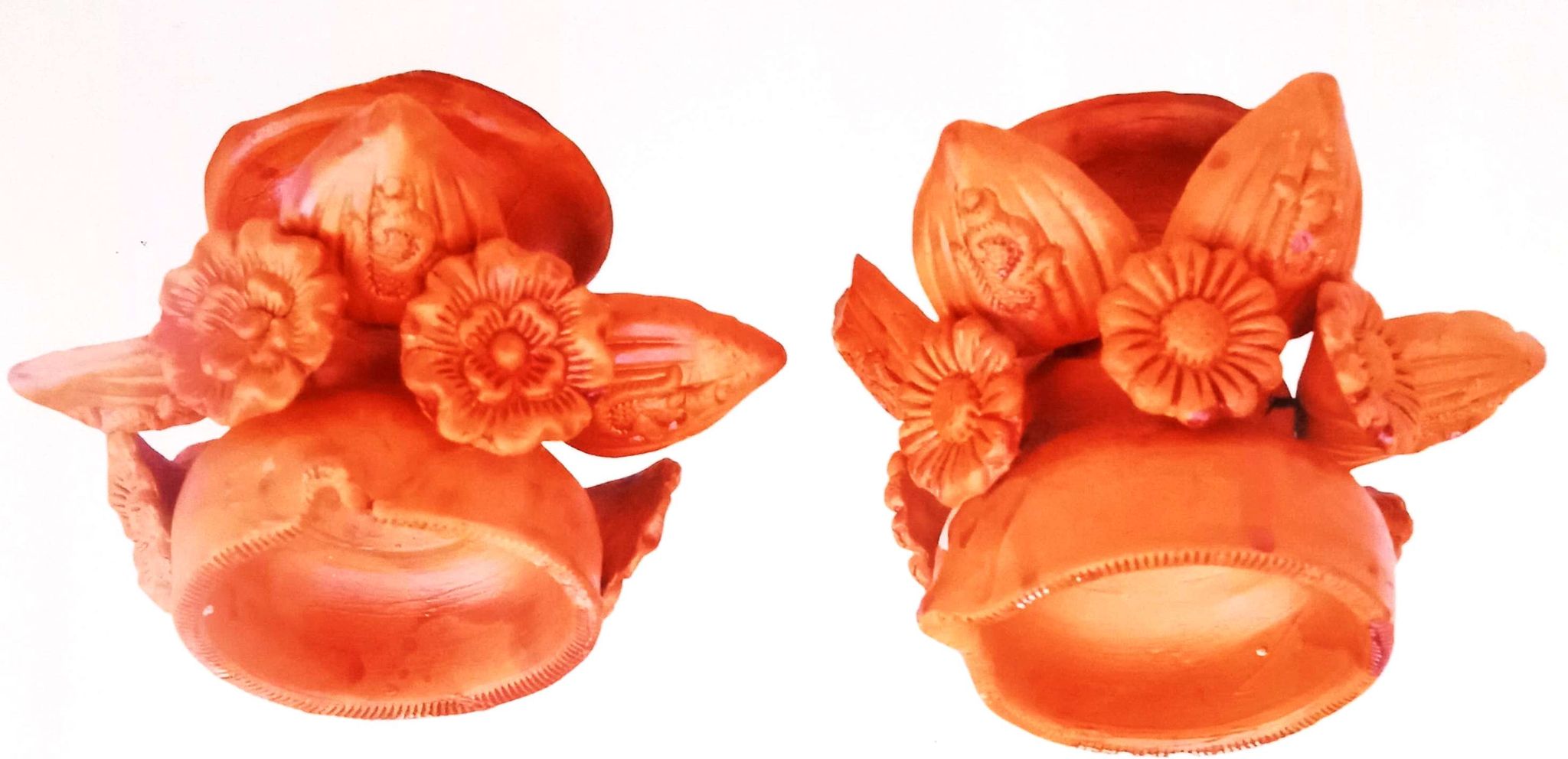 Handmade Clay Diya with intricate floral design - Set of 2