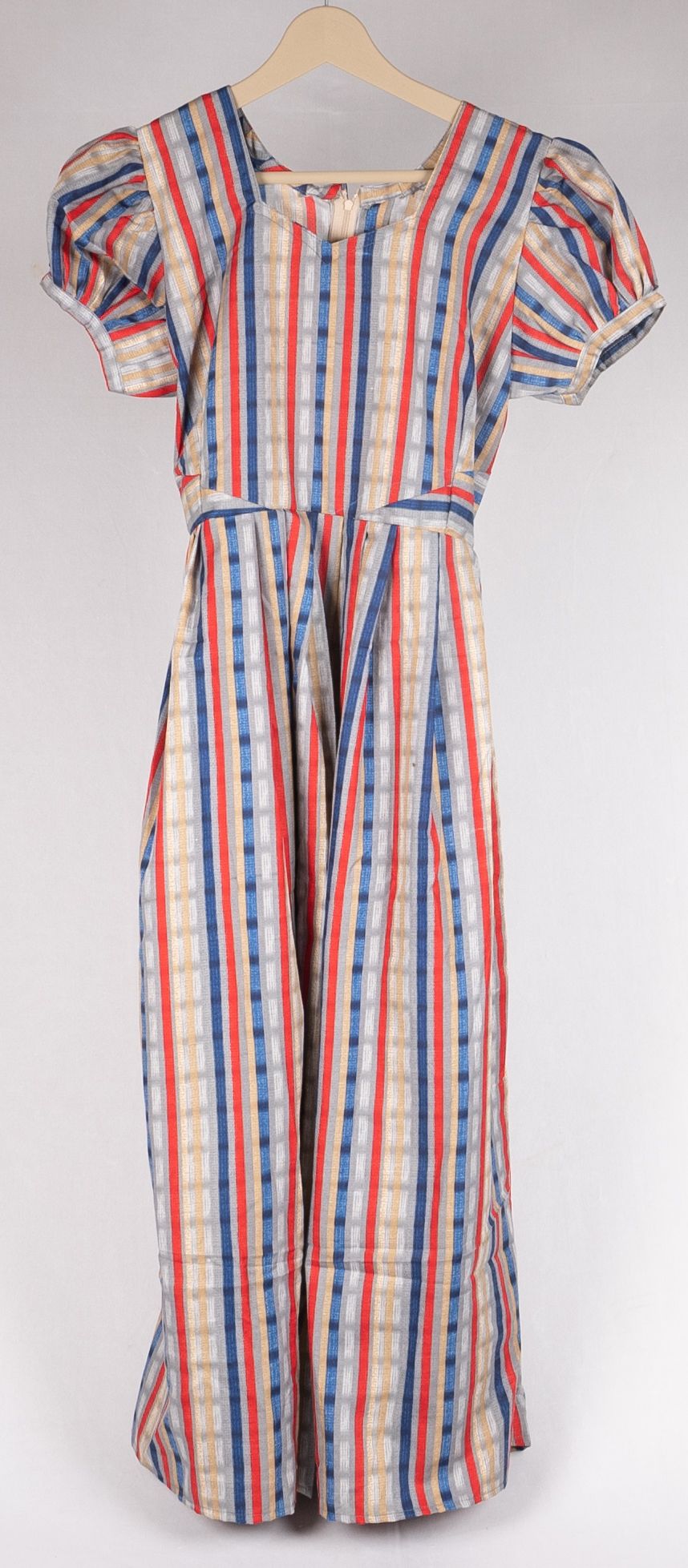  Striped Maxi Dress with Puffed Sleeves and V-Neckline