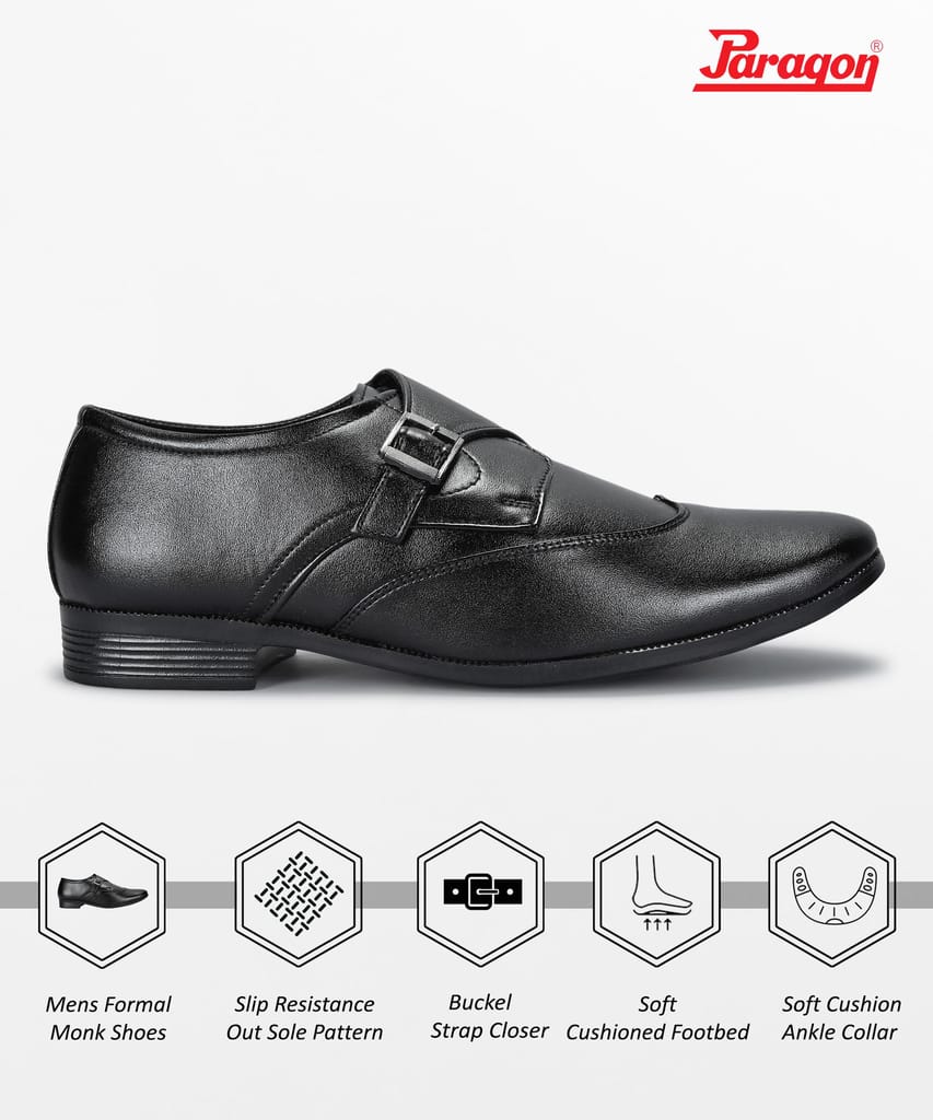 Paragon Men's Black Formal Shoes with Buckle| Durable & Sturdy for Outdoor Wear