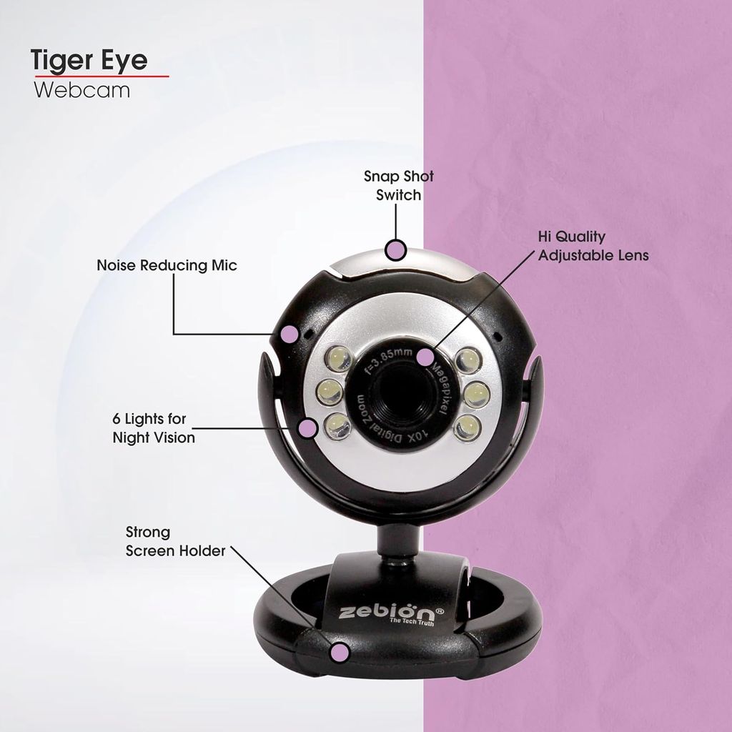 Zebion 480P Webcam with Microphone and LED Light, USB 2.0 Plug and Play Computer Camera for PC, Laptop, Desktop, Mac, Windows, Linux