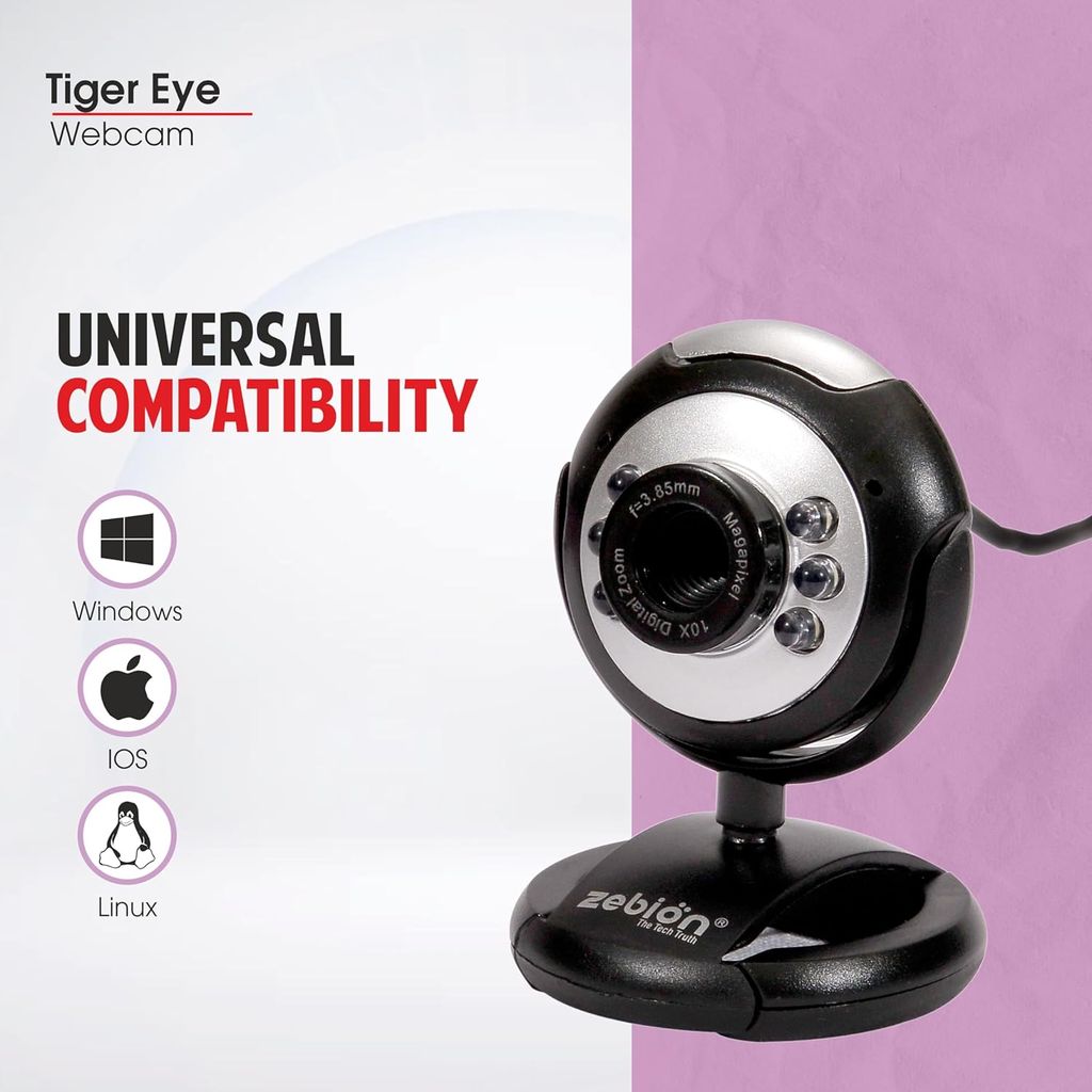 Zebion 480P Webcam with Microphone and LED Light, USB 2.0 Plug and Play Computer Camera for PC, Laptop, Desktop, Mac, Windows, Linux