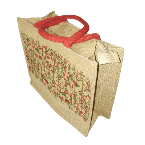 Jute Bag with Red Floral Print and Zipper Closure