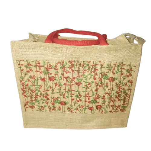 Jute Bag with Red Floral Print and Zipper Closure
