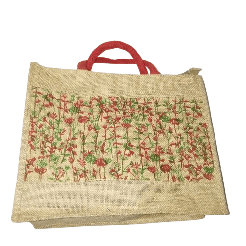 Jute Bag with Red Floral Print and Zipper Closure