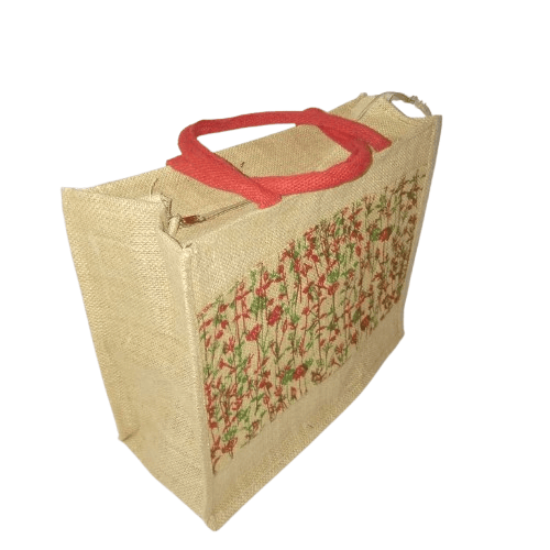 Jute Bag with Red Floral Print and Zipper Closure