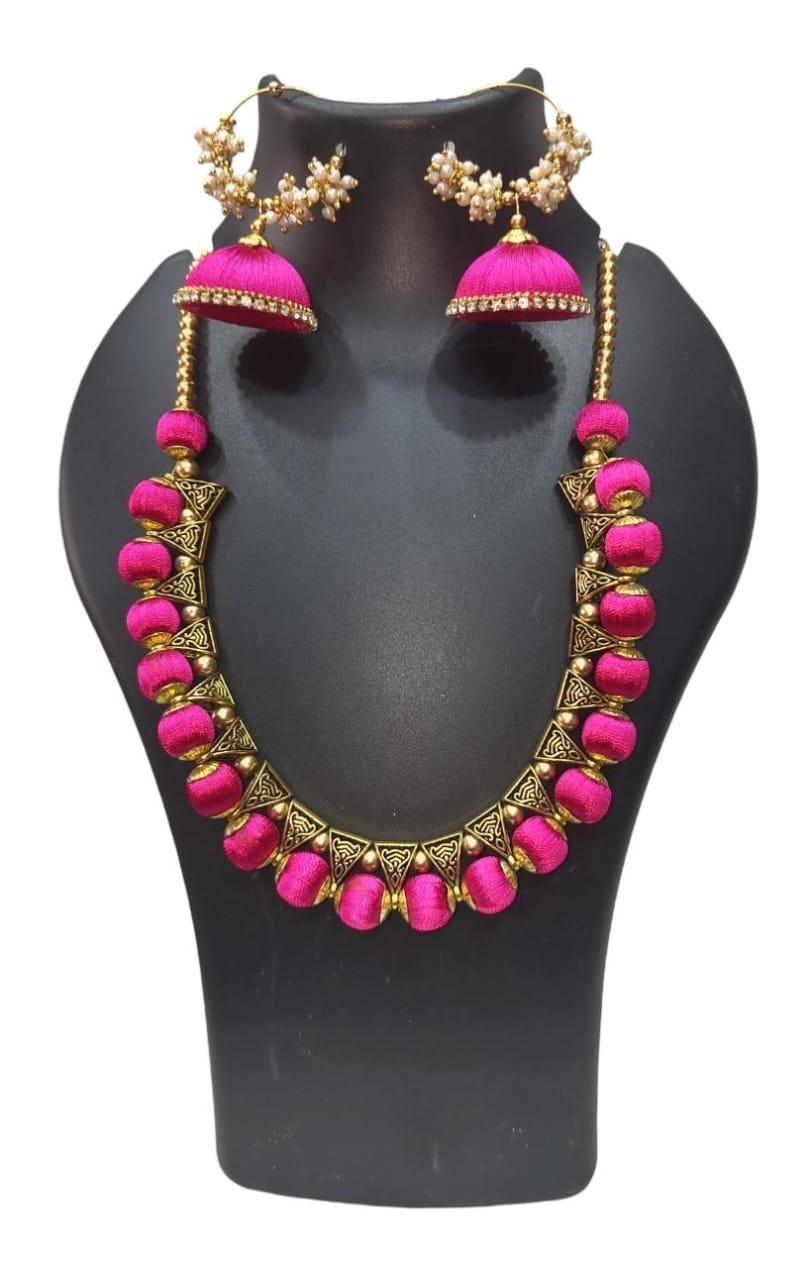 Pink Silk Thread Necklace Set with Earrings for Women