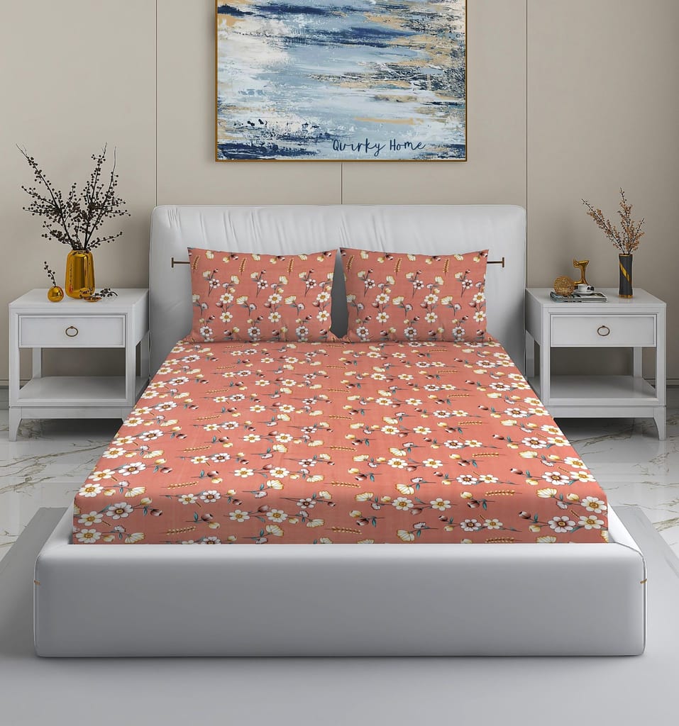 Quirky Home Fantasy Collection Premium Cotton Blend 180 TC Fitted Double Wrinklefree Bedsheet with 2 Pillow Covers, Pink Floral