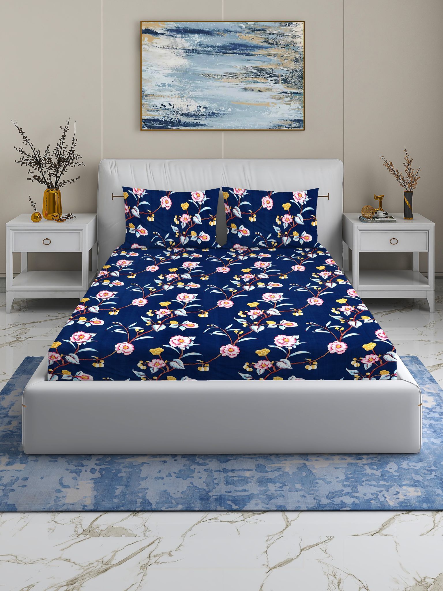 Quirky Home Fantasy Collection Premium Cotton Blend 180 TC Fitted Double Wrinklefree Bedsheet with 2 Pillow Covers, Dark Blue Floral