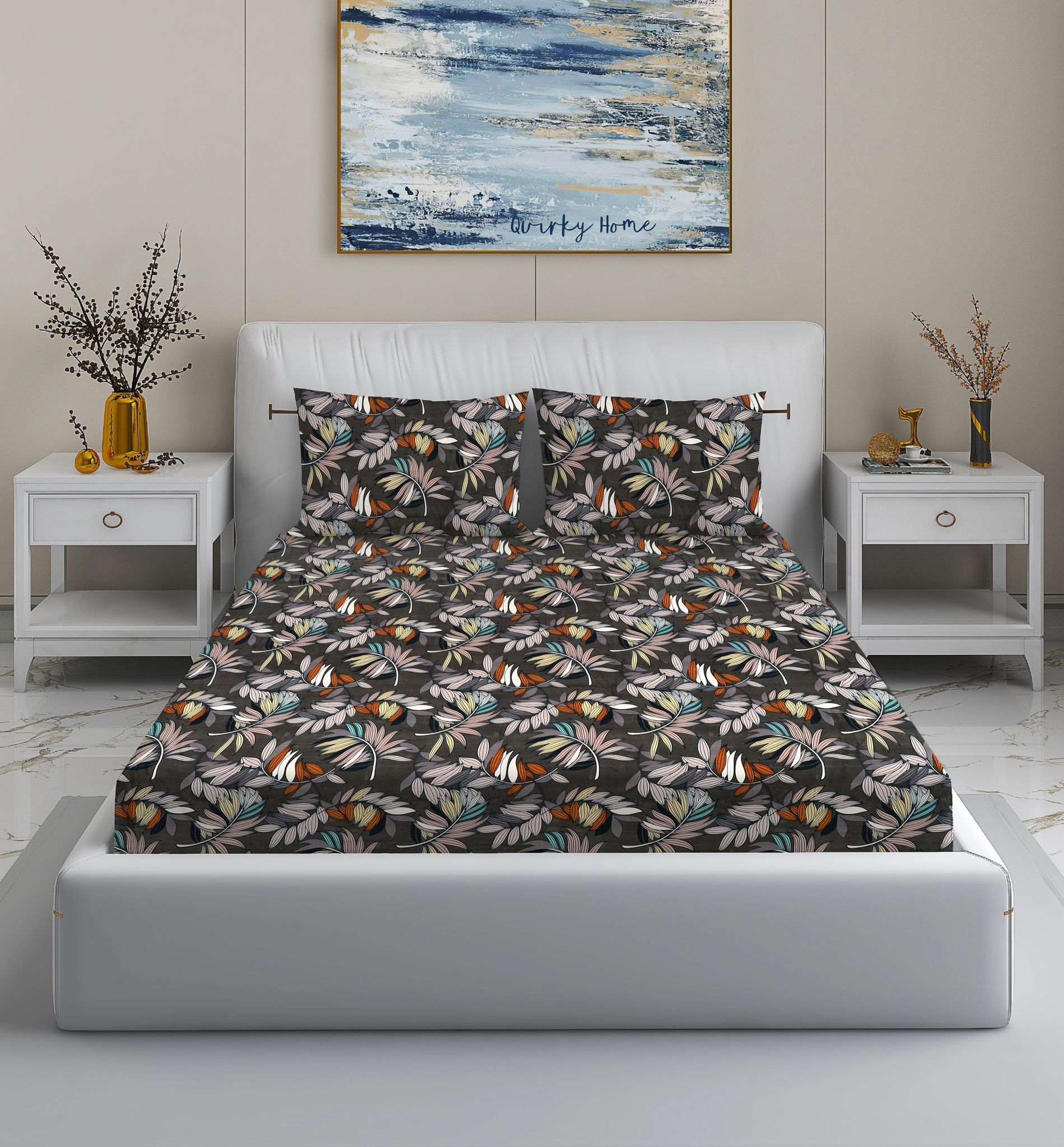Quirky Home Fantasy Collection Premium Cotton Blend 180 TC Flat Double Wrinklefree Bedsheet with 2 Pillow Covers, Black Floral