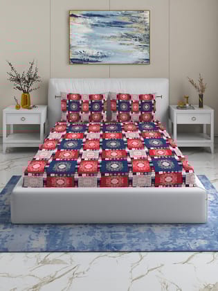 Quirky Home Fantasy Collection Premium Cotton Blend 180 TC Flat Double Wrinklefree Bedsheet with 2 Pillow Covers, Red Blue Square
