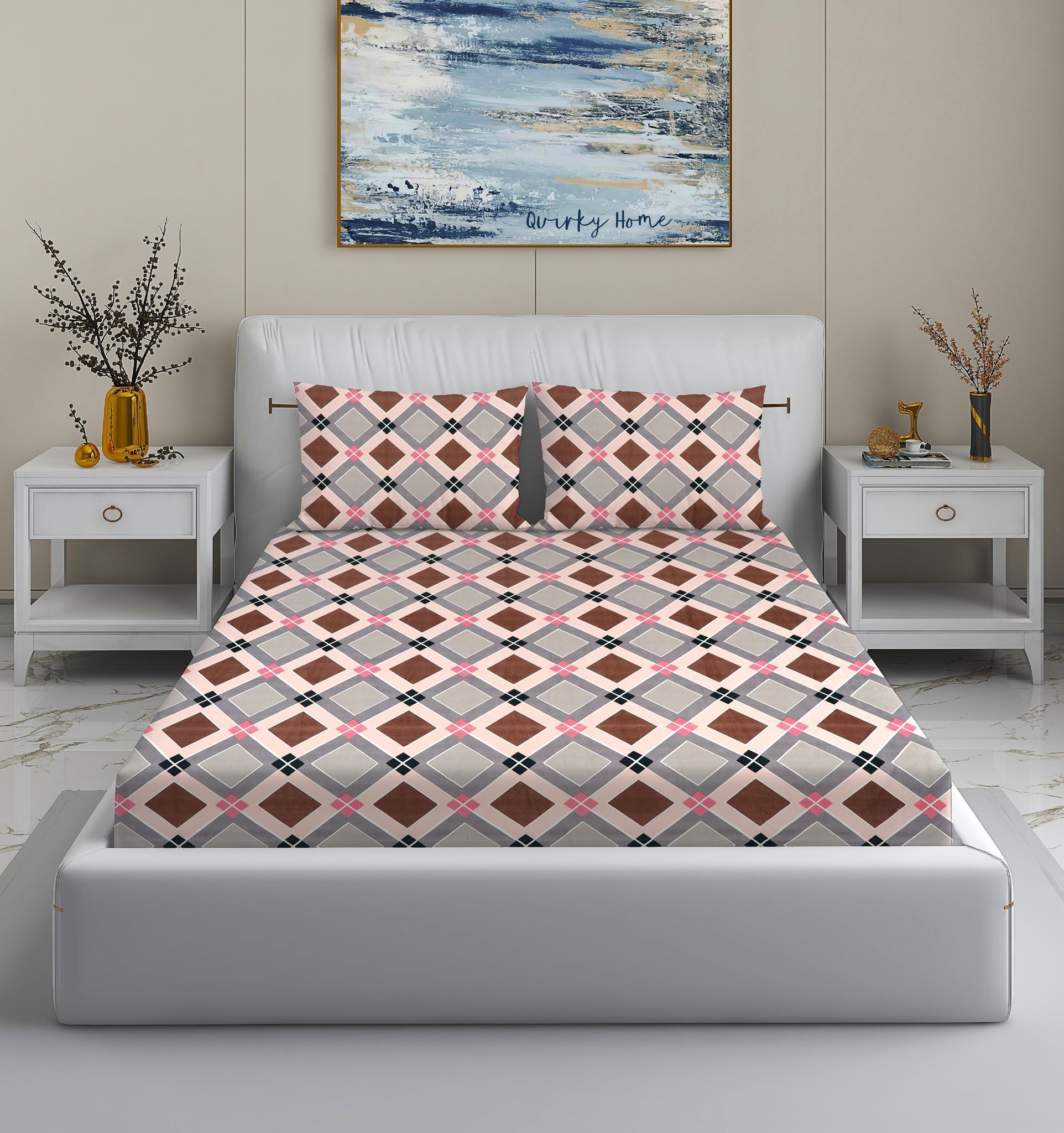 Quirky Home Fantasy Collection Premium Cotton Blend 180 TC Flat Double Wrinklefree Bedsheet with 2 Pillow Covers, Brown Grey Diamond