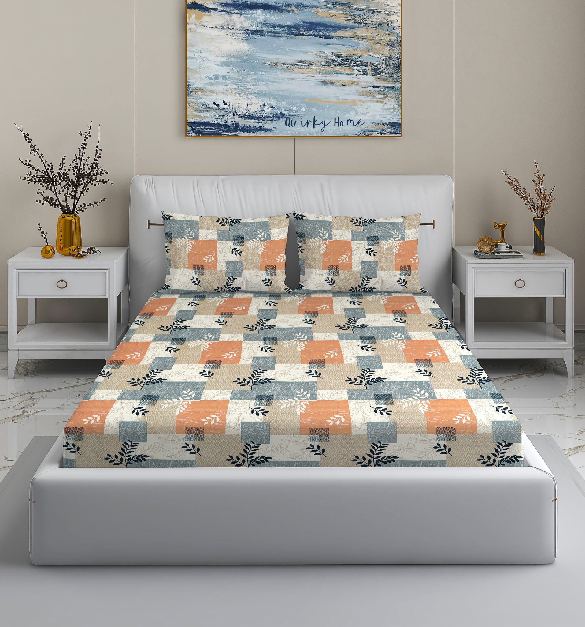 Quirky Home Fantasy Collection Premium Cotton Blend 180 TC Flat Double Wrinklefree Bedsheet with 2 Pillow Covers, Multi Square