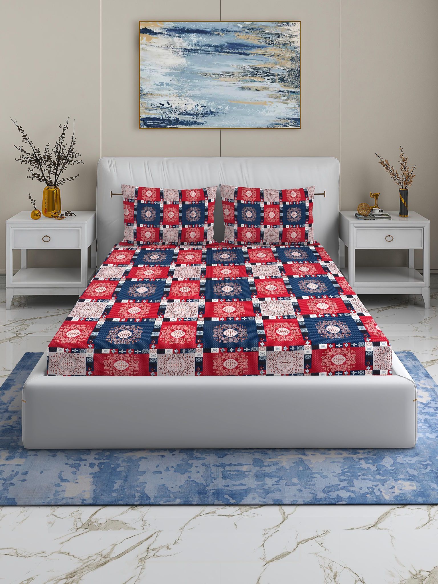 Quirky Home Fantasy Collection Premium Cotton Blend 180 TC Fitted Double Wrinklefree Bedsheet with 2 Pillow Covers, Red Blue Square
