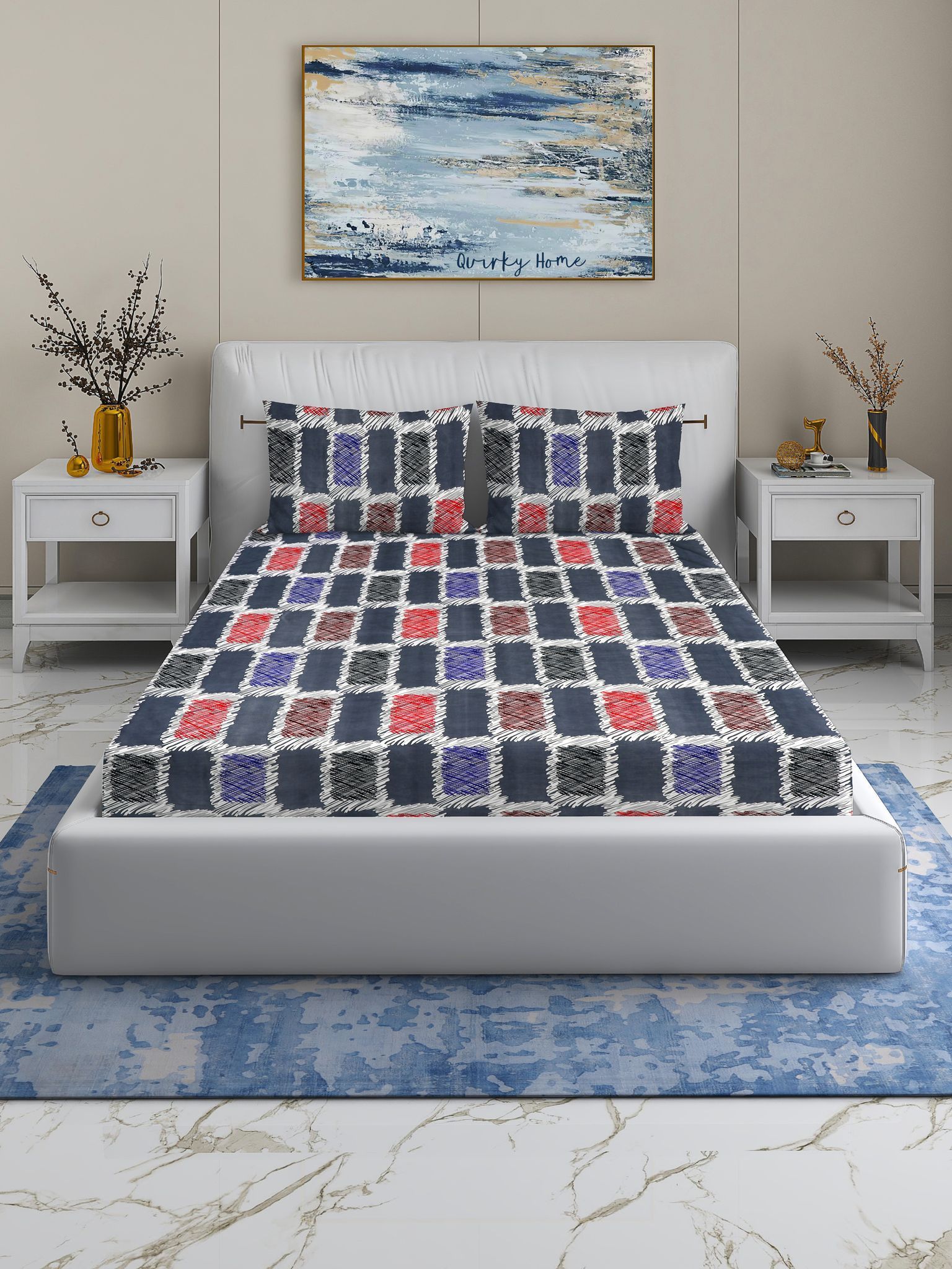 Quirky Home Fantasy Collection Premium Cotton Blend 180 TC Flat Double Wrinklefree Bedsheet with 2 Pillow Covers, Grey Check