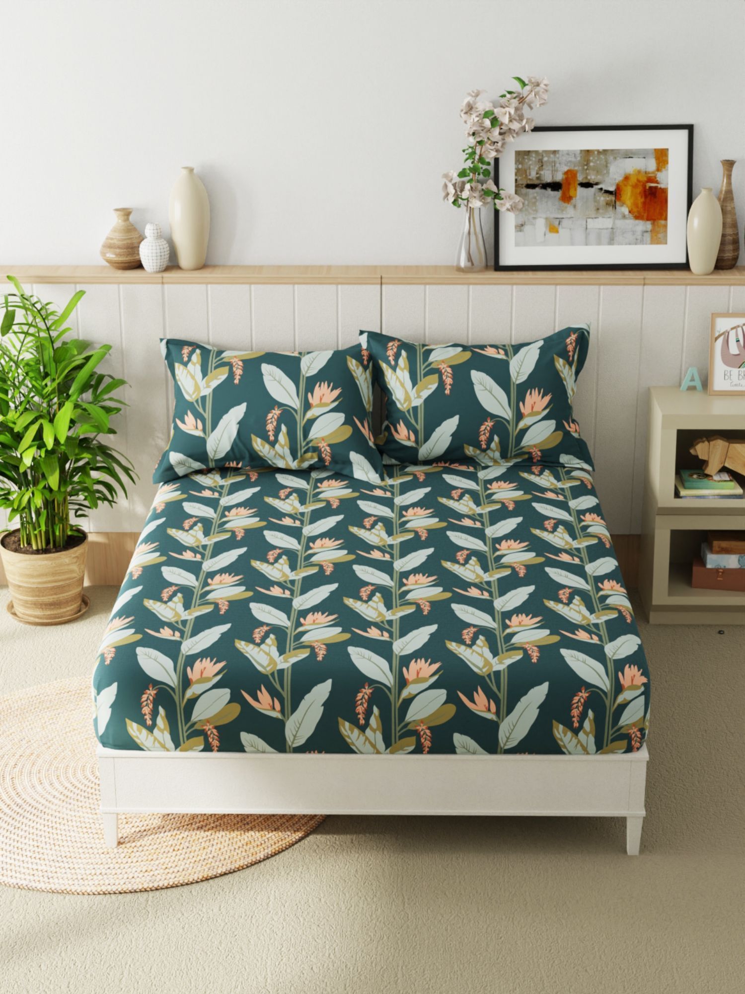 Quirky Home Fantasy Collection Premium Cotton Blend 180 TC Fitted Double Wrinklefree Bedsheet with 2 Pillow Covers, Green Floral